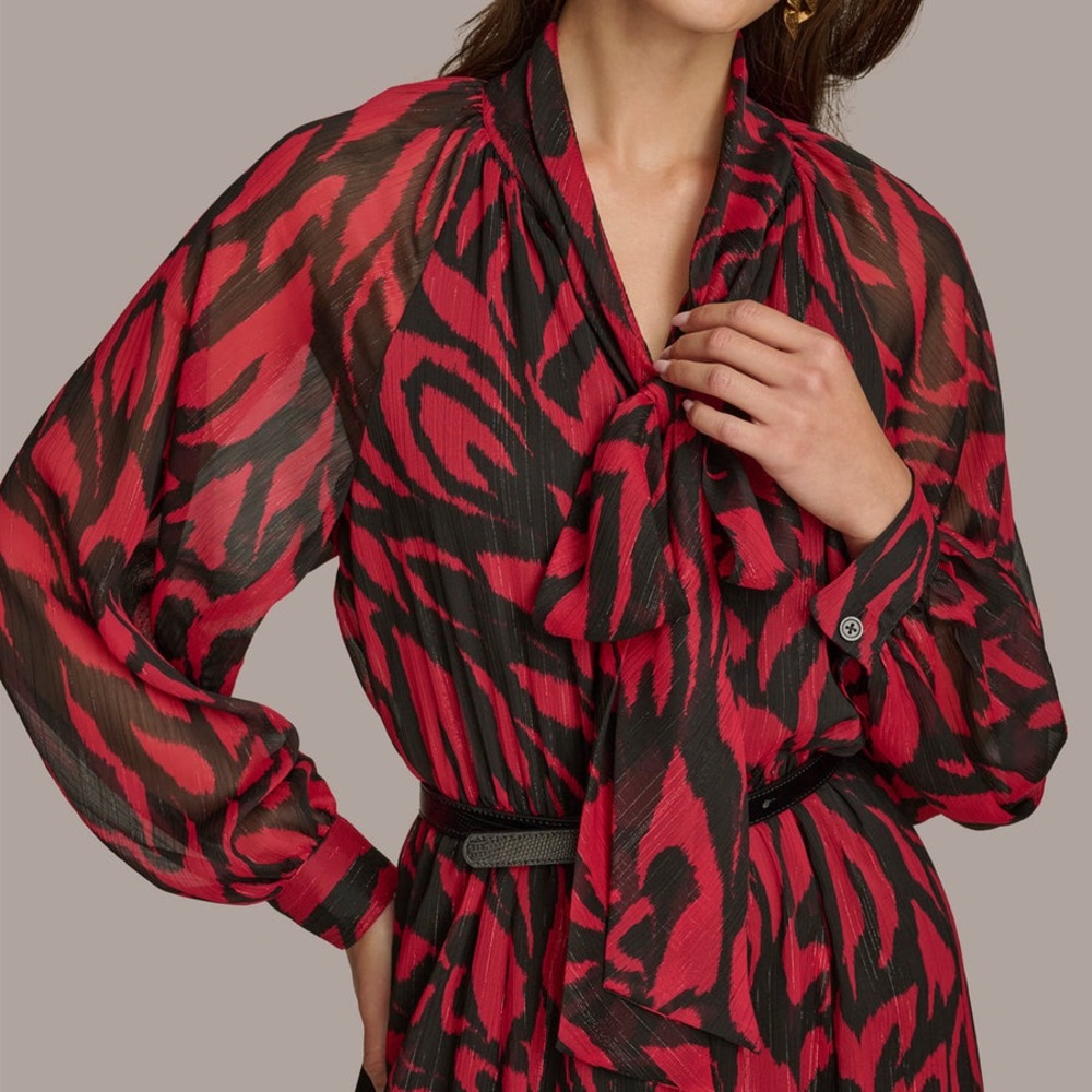 Donna Karan Women’s Chiffon Shirt Midi Red Multi Print Dress Size 12 NWT - Picture 5 of 10